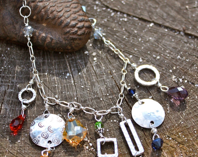 Featured listing image: Chakra Balance Necklace - Bib Style - Swarovski Crystals & Hand Stamped Sterling Silver - Yoga Jewelry - Balance Energy - Mermaid Style