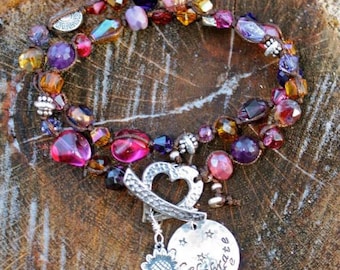 Celebrate Life Hand Stamped Sterling Silver Disc Double Wrap Linen Bracelet with choice of sterling silver charms. Handknotted custom design