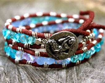 Sea Siren Raw Suede Double Wrapped Beaded MERMAID Cuff Bracelet w Sea Glass Toned Beads, crystals, Zen vibes - Boho nautical mermaid jewelry