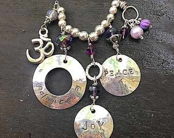 Peace, Balance & Joy Healing Necklace Hand-Stamped Sterling Silver/ Mermaid Tears Amethyst crystal Beach Personalized OM Namaste