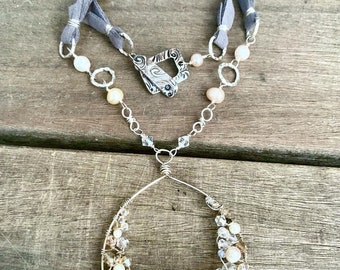 Leather & Lace Hand Crocheted Pendant Suede Necklace w Hand-Linked Sterling Silver, Freshwater Pearls. Mermaid Tears Jewelry