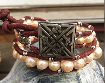 Funky Pearl and Leather Wrap Around Cuff Bracelet with Silver Button Clasp - Mermaid Style
