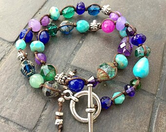 Samba Double Wrap Hand-Knotted Bracelet with Earthy Semiprecious Stones - Boho, Funky, Zen Style Made w Mermaid Positive Energy of the Sea