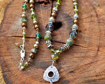 Deep in the Wood Sea Glass Necklace in deep Greens and Browns