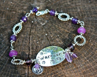 Warrior Healing Bracelet - Hand Stamped, Wire Wrapped Amethyst - Mermaid Positivity of the sea, Peace, Balance & OM Charm - Personalized
