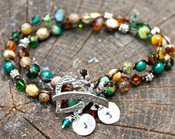 Earth Mommy Double Wrap Bracelet  - Personalized Hand Knotted Linan & beads. Personalized with sterling silver discs - mermaid style