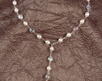 Hand Linked Sterling Silver Lariat with HillTribe Silver Leaf Pendant - Freshwater Pearls - Faceted Czech Glass - Mermaid Tears