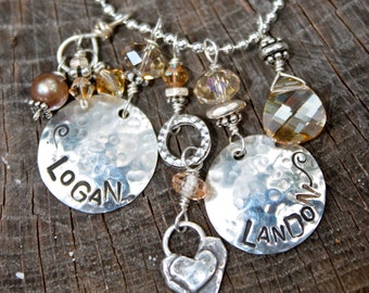 Sterling Hand-Stamped Mommy Charm Necklace - Personalized with names and birthstones