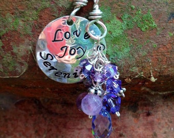 Love, Joy, Serenity Hand-Stamped Sterling Silver Charm Necklace with Hand-linked Beaded Tassel - Purple - Inspiration