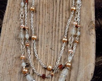 Triple Strand Sterling Silver Freshwater Pearl Beaded Necklace with Bali Hill Tribe Silver Rose - Faceted crystal - Cane glass