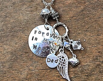 Dad, Forever in My Heart Hand Stamped Memorial Necklace - Angel Wing & Birthstones - Memory of a loss - grief support  - custom