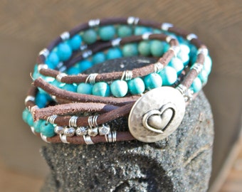 Turquoise Double Wrist Wrap Cuff Bracelet with Large Button Clasp
