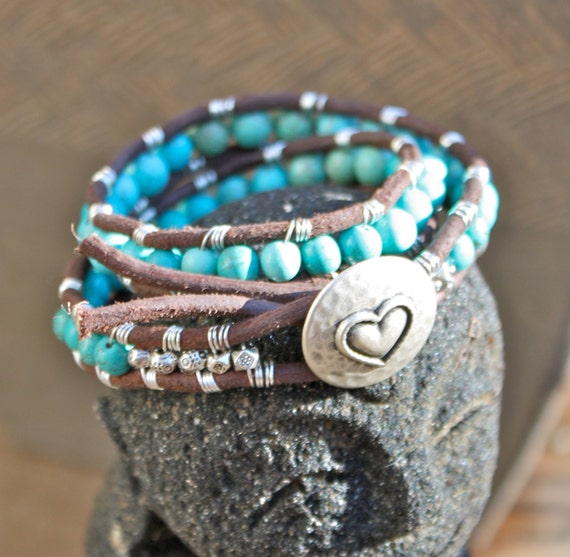 Turquoise Double Wrist Wrap Cuff Bracelet With Large Button Clasp