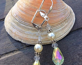 Sunshine Sterling Silver Swarovski Crystal And Pearl Clear Iridescent Lever Back or Handmade Hook Earrings with Wire Unique Celestial Style