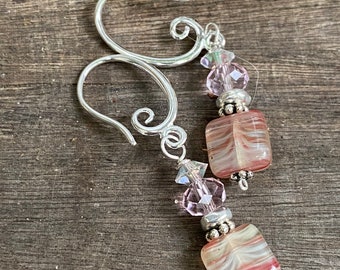 Strawberries & Cream Earrings Petite Czech Glass Square - Wire wrapped sterling - Valentine's Day - Boho Beach Love - Mermaid Tears Jewelry