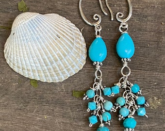 Sea Spray Turquoise Tassel Earrings for the boho beach lover mermaid, leverback, beach style