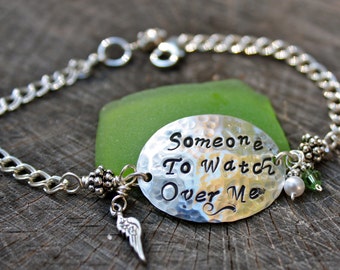 Someone to Watch Over Me Hand Stamped Bracelet -  Sterling Silver w Angel Wing Charm & Birthstones - Memorial - Grief - Loss - Love