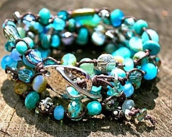 Where the Sky Touched the Sea Hand-Knotted Linen Quadruple Wrap Beaded Boho Bracelet/Necklace with Semiprecious Stones & Swarovski Crystals