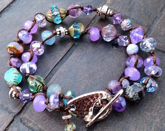 Peaceful Strength/ Aqua/ Purple/Lavender Double Strand/Triple Strand Knotted Linen Bracelet Wrap Bracelet Cuff Style Optional Birthstones