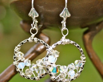 Crystal Clear Crocheted Hoops - Wire Wrapped with Swarovski Crystal Positivity &Love / Mermaid Treasure