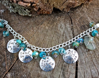 ThE ShOrE LiFe CHaRM BRaCeLeT with Sea Glass and Stamped Discs