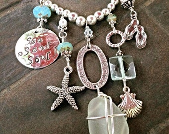 Sea, Sand, Soul Charm Necklace with Handmade Stamped sterling silver discs & Beach Charms, Shell, Starfish, Mermaid Tears, Sea Glass