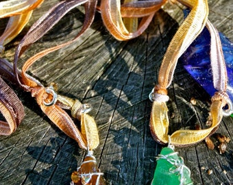 Sea Glass Ribbon Necklaces - wire wrapped sterling silver Pendants - mermaid, beach style