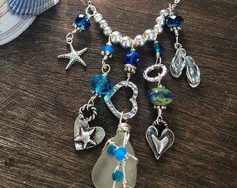 Beach Lovers Sea Glass Charm Necklace/ Hand Stamped Sterling Silver/ Mermaid Tears/ Genuine Sea Glass Beach Glass