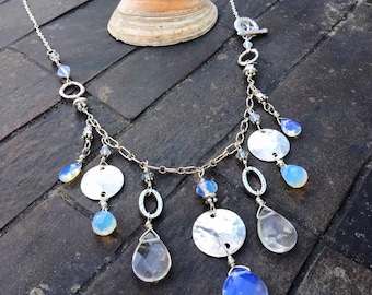 Hand-Linked Sterling Silver Moonstone and Opalite Bib Necklace With Sterling Silver Discs, Briolettes & Side Toggle-Celestial Mermaid Style