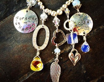 Forever In My Heart Memorial Angel Wing Charm Necklace w Hand Stamped Sterling Silver Disc & Crystals / Opalite Loss, Survivor