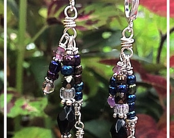 Blackberries and Roe Beaded Triple Dangle Earrings- Boho Mermaid Beach Style in blackAB finish & amethyst. Made to help the wearer feel Joy