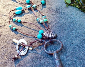Rustic Turquoise Vintage Key Necklace - Hand-knotted - funky Bohemian Beach style