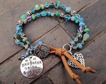 Daughter of an Angel Hand Knotted Double Strand Bracelet w Semi Precious Stones - Hand Stamped Sterling Disc Memorial - Grief - Loss