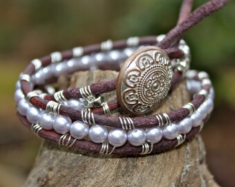 Funky Leather Double Wrap Cuff Bracelet with Opalite and Clear Crystals or Lavender Pearls