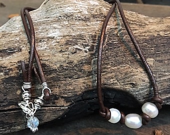 Simple Pearl Necklace - Your Choice of 1-3 Freshwater Pearls on Leather Cord - Customize to fit your style! Brings out your inner mermaid!