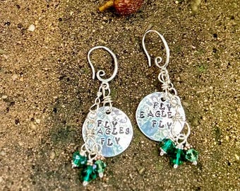 Hand Stamped Fly Eagles Fly Earrings: Sterling and Mixed Metal, Green Czech Crystal