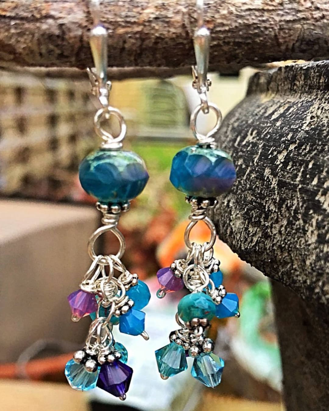 Peacock Teal Blue & Purple Tassel Earrings, Cluster or Chandelier Style