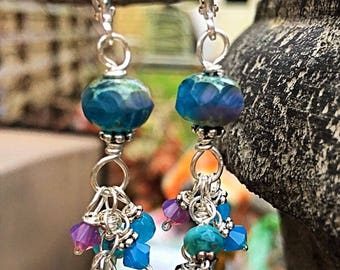 Peacock Teal Blue & Purple Tassel Earrings, Cluster or Chandelier Style, Hand Linked Sterling Silver for Boho Mermaid , Beach lover