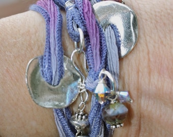 Beaded Silk Wrist Wrap - Cuff Bracelet/Necklace in Lavender and Purple - funky beach boho mermaid style