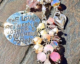 The Love Between a Mother & Daughter is Forever Hand-Stamped Beaded Tassel Necklace~ Celestial Piece Made w Positive Energy, Family Gift