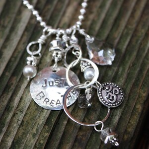 Hand Hammered Hand Stamped Just Breathe Symbolic Necklace with Loops and Om Charm Peace and unity Made with positive energy image 3