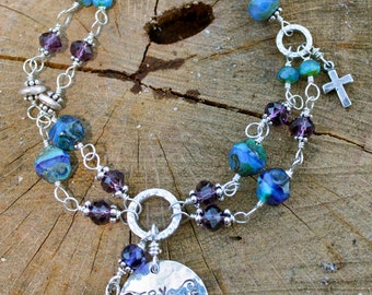 EvErYtHiNg HaPpeNs FoR A ReAsOn Double Strand Sterling Silver Bracelet with Charms- in deep sea blues and purple- Heart Love Cross Faith