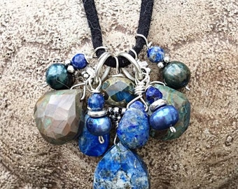 Lapis, Czech Glass, and Freshwater Pearls Necklace on Leather and Suede Beaded Cord - Unique Celestial Handmade Funky Mermaid Jewelry