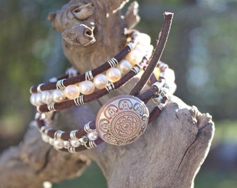 Funky Pearl and Leather Wrap Around Cuff Bracelet