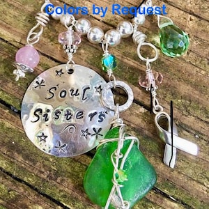 Soul Sisters Personalized Hand-Stamped Breast Cancer Necklace w Genuine Wire-Wrapped Sea Glass, May be Customized Handmade Mermaid Jewelry
