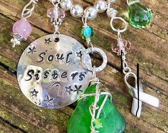 Soul Sisters Necklace, Personalized Hand-Stamped Disc, Sea Glass, Breast Cancer Jewelry