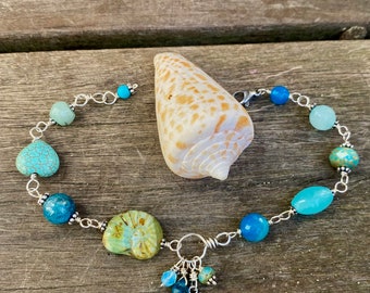 Beach Days Beaded Bracelet/handlinked sterling silver mermaid style/ shell collector /reminder of a day at the beach