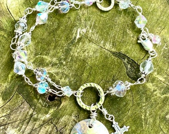 FAITH~ Hand-Linked Double Strand Crystal Bracelet with petite cross charm and hand stamped disc /Mermaid style
