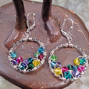 Multi-Colored Finger Crocheted Hoop Earrings Handmade Sterling Silver Wire-Wrapped design Boho beach style Unique image 1