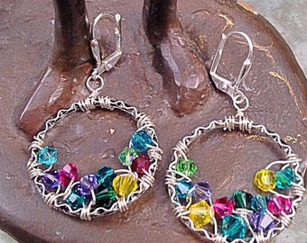 Multi-Colored Finger Crocheted Hoop Earrings - Handmade Sterling Silver Wire-Wrapped design - Boho beach style - Unique